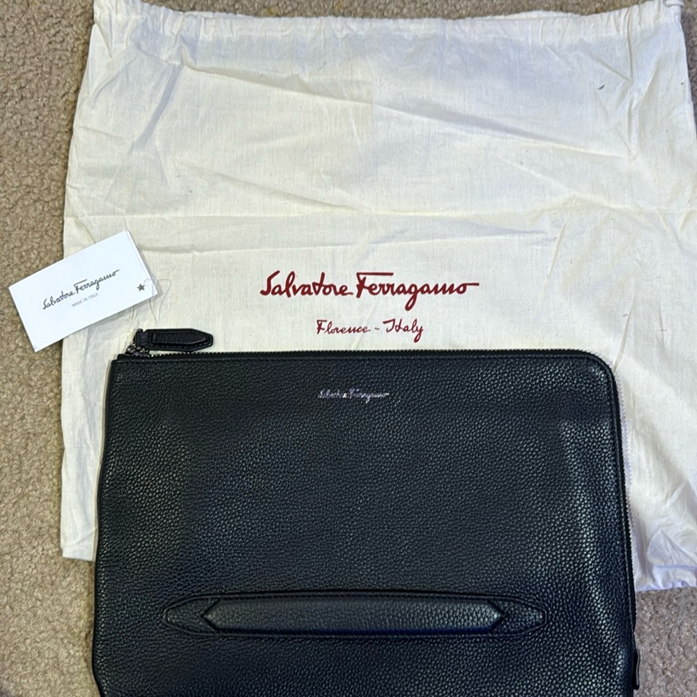 Black calf skin leather Ferragamo portfolio case